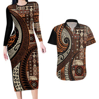 Vintage Samoa Siapo Mamanu Couples Matching Long Sleeve Bodycon Dress and Hawaiian Shirt Brown Samoan Tapa Motif LT9 Brown - Polynesian Pride