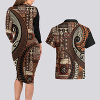 Vintage Samoa Siapo Mamanu Couples Matching Long Sleeve Bodycon Dress and Hawaiian Shirt Brown Samoan Tapa Motif LT9 - Polynesian Pride