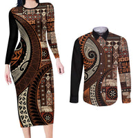 Vintage Samoa Siapo Mamanu Couples Matching Long Sleeve Bodycon Dress and Long Sleeve Button Shirt Brown Samoan Tapa Motif LT9 Brown - Polynesian Pride