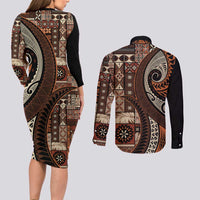 Vintage Samoa Siapo Mamanu Couples Matching Long Sleeve Bodycon Dress and Long Sleeve Button Shirt Brown Samoan Tapa Motif LT9 - Polynesian Pride