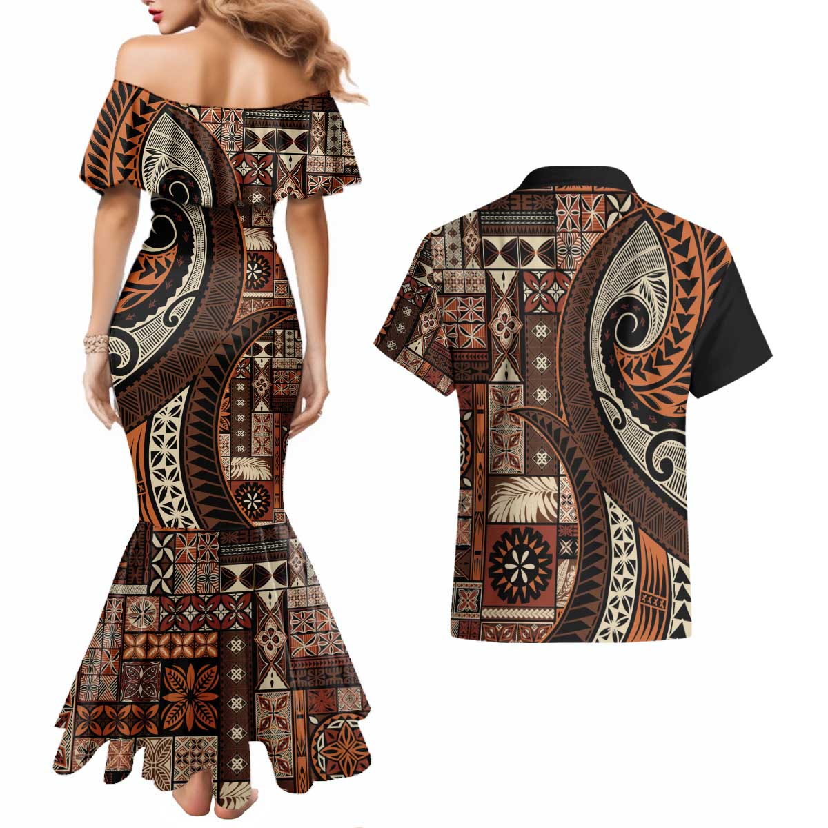 Vintage Samoa Siapo Mamanu Couples Matching Mermaid Dress and Hawaiian Shirt Brown Samoan Tapa Motif LT9 - Polynesian Pride