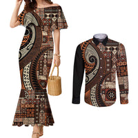 Vintage Samoa Siapo Mamanu Couples Matching Mermaid Dress and Long Sleeve Button Shirt Brown Samoan Tapa Motif LT9 Brown - Polynesian Pride