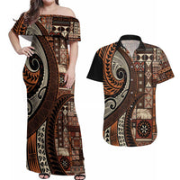 Vintage Samoa Siapo Mamanu Couples Matching Off Shoulder Maxi Dress and Hawaiian Shirt Brown Samoan Tapa Motif LT9 Brown - Polynesian Pride
