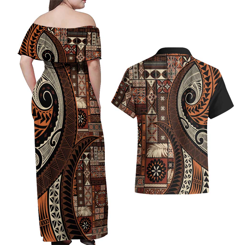 Vintage Samoa Siapo Mamanu Couples Matching Off Shoulder Maxi Dress and Hawaiian Shirt Brown Samoan Tapa Motif LT9 - Polynesian Pride