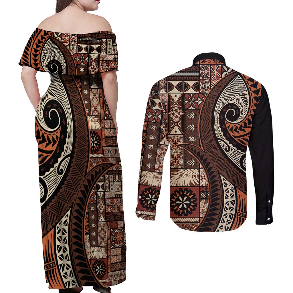 Vintage Samoa Siapo Mamanu Couples Matching Off Shoulder Maxi Dress and Long Sleeve Button Shirt Brown Samoan Tapa Motif LT9 - Polynesian Pride