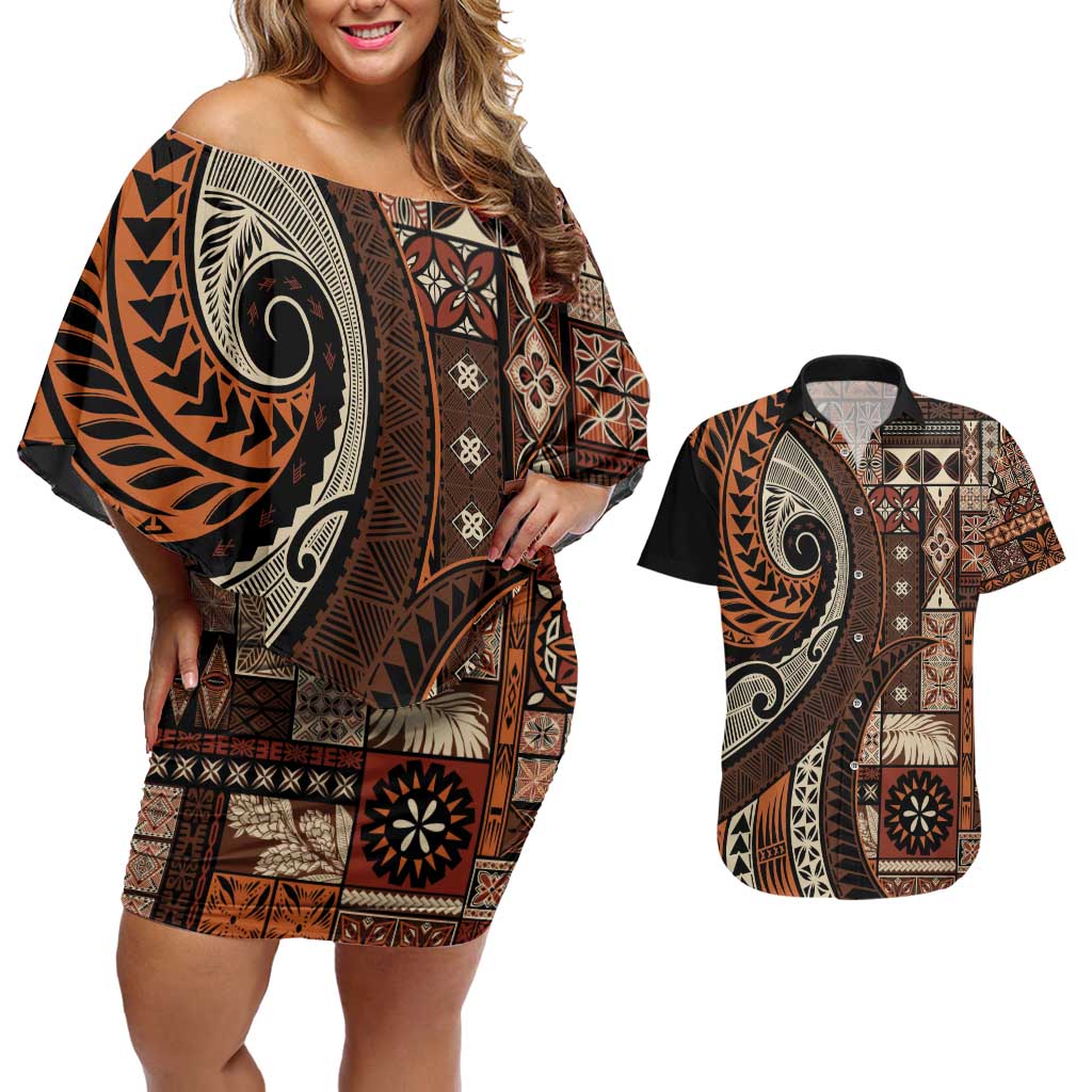 Vintage Samoa Siapo Mamanu Couples Matching Off Shoulder Short Dress and Hawaiian Shirt Brown Samoan Tapa Motif LT9 Brown - Polynesian Pride