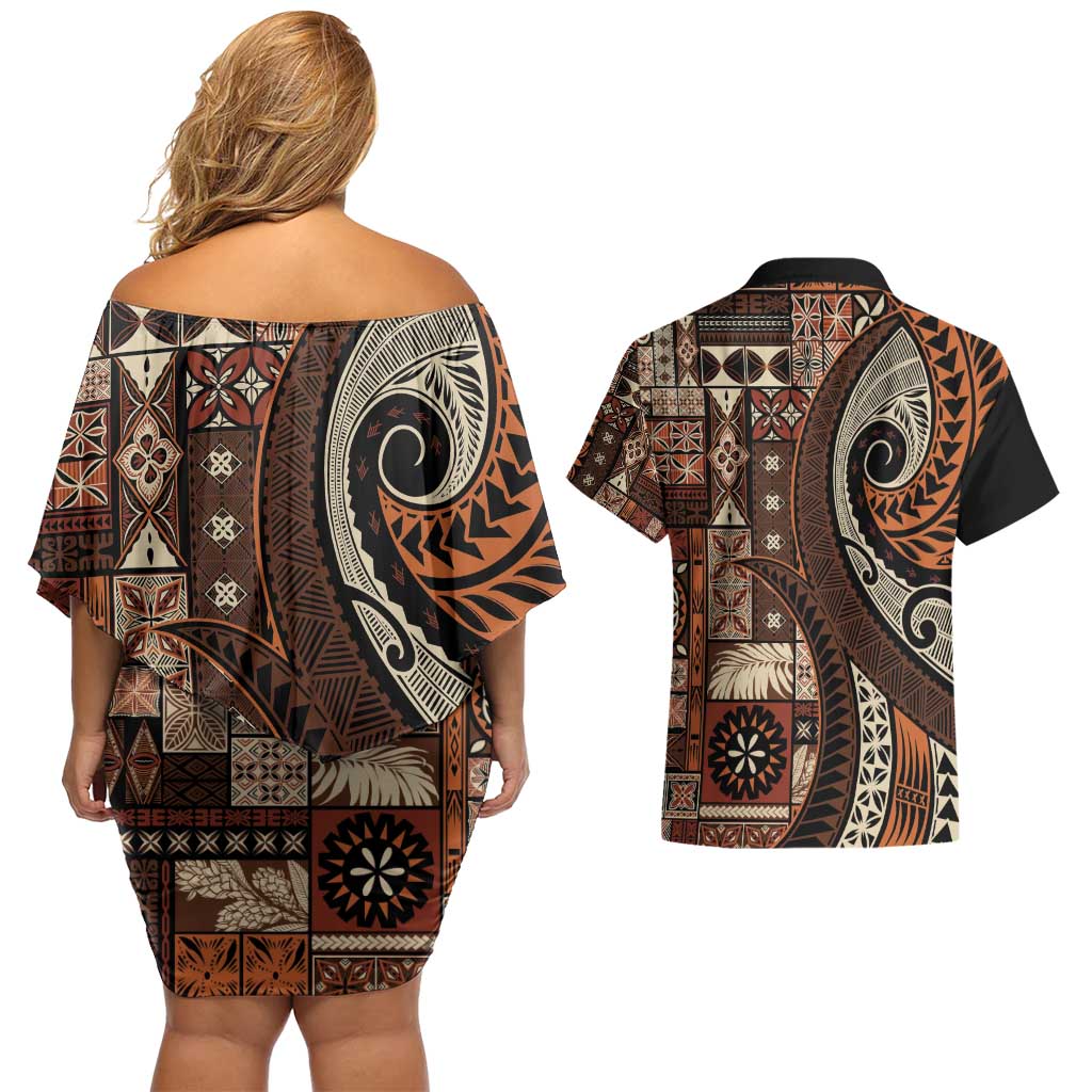 Vintage Samoa Siapo Mamanu Couples Matching Off Shoulder Short Dress and Hawaiian Shirt Brown Samoan Tapa Motif LT9 - Polynesian Pride