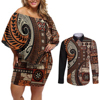 Vintage Samoa Siapo Mamanu Couples Matching Off Shoulder Short Dress and Long Sleeve Button Shirt Brown Samoan Tapa Motif LT9 Brown - Polynesian Pride