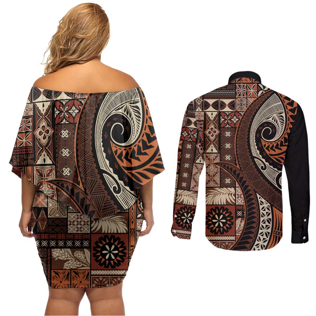 Vintage Samoa Siapo Mamanu Couples Matching Off Shoulder Short Dress and Long Sleeve Button Shirt Brown Samoan Tapa Motif LT9 - Polynesian Pride
