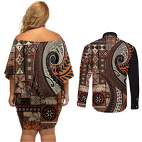 Vintage Samoa Siapo Mamanu Couples Matching Off Shoulder Short Dress and Long Sleeve Button Shirt Brown Samoan Tapa Motif LT9 - Polynesian Pride