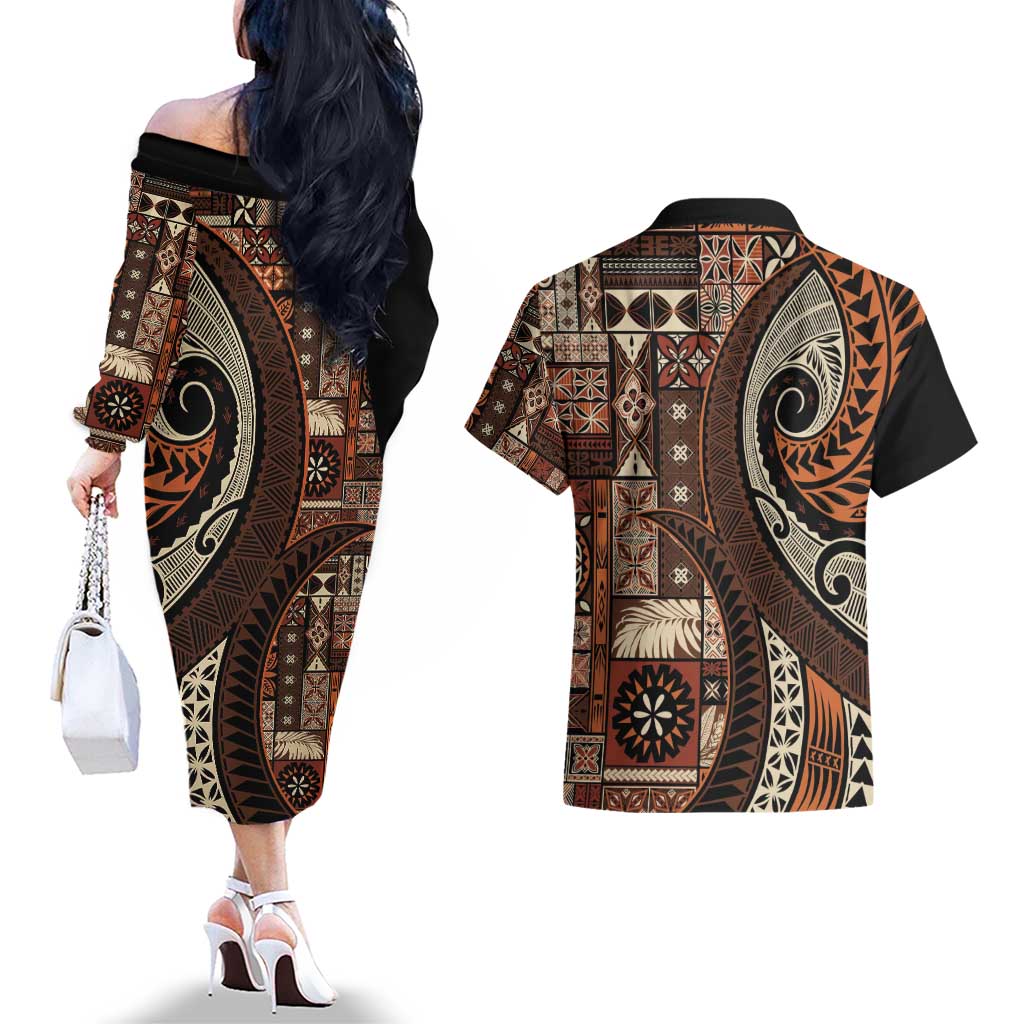 Vintage Samoa Siapo Mamanu Couples Matching Off The Shoulder Long Sleeve Dress and Hawaiian Shirt Brown Samoan Tapa Motif LT9 - Polynesian Pride