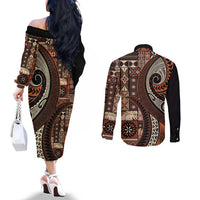 Vintage Samoa Siapo Mamanu Couples Matching Off The Shoulder Long Sleeve Dress and Long Sleeve Button Shirt Brown Samoan Tapa Motif LT9 - Polynesian Pride