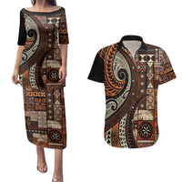 Vintage Samoa Siapo Mamanu Couples Matching Puletasi and Hawaiian Shirt Brown Samoan Tapa Motif LT9 Brown - Polynesian Pride