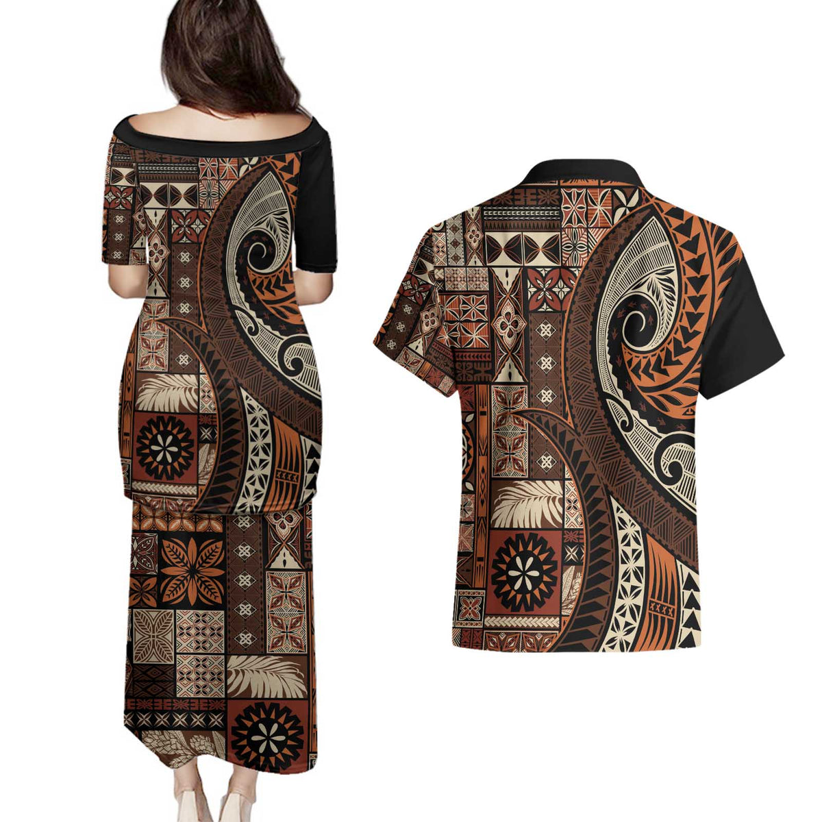Vintage Samoa Siapo Mamanu Couples Matching Puletasi and Hawaiian Shirt Brown Samoan Tapa Motif LT9 - Polynesian Pride