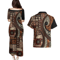 Vintage Samoa Siapo Mamanu Couples Matching Puletasi and Hawaiian Shirt Brown Samoan Tapa Motif LT9 - Polynesian Pride