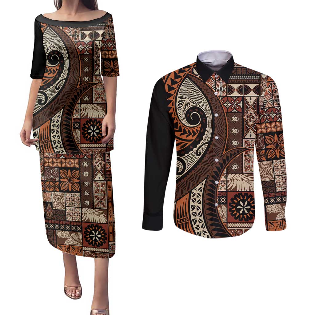 Vintage Samoa Siapo Mamanu Couples Matching Puletasi and Long Sleeve Button Shirt Brown Samoan Tapa Motif LT9 Brown - Polynesian Pride