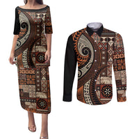 Vintage Samoa Siapo Mamanu Couples Matching Puletasi and Long Sleeve Button Shirt Brown Samoan Tapa Motif LT9 Brown - Polynesian Pride