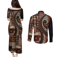 Vintage Samoa Siapo Mamanu Couples Matching Puletasi and Long Sleeve Button Shirt Brown Samoan Tapa Motif LT9 - Polynesian Pride