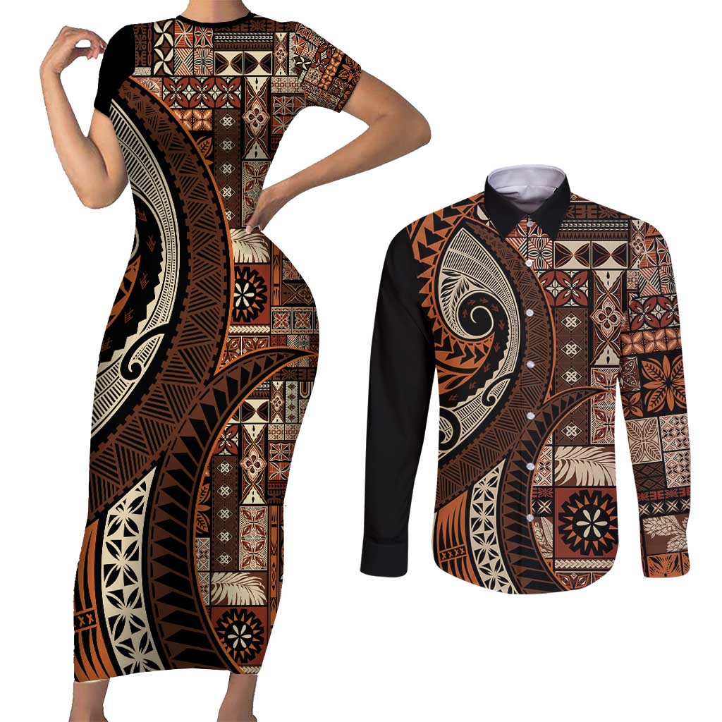 Vintage Samoa Siapo Mamanu Couples Matching Short Sleeve Bodycon Dress and Long Sleeve Button Shirt Brown Samoan Tapa Motif LT9 Brown - Polynesian Pride