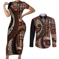 Vintage Samoa Siapo Mamanu Couples Matching Short Sleeve Bodycon Dress and Long Sleeve Button Shirt Brown Samoan Tapa Motif LT9 Brown - Polynesian Pride