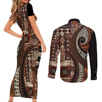 Vintage Samoa Siapo Mamanu Couples Matching Short Sleeve Bodycon Dress and Long Sleeve Button Shirt Brown Samoan Tapa Motif LT9 - Polynesian Pride