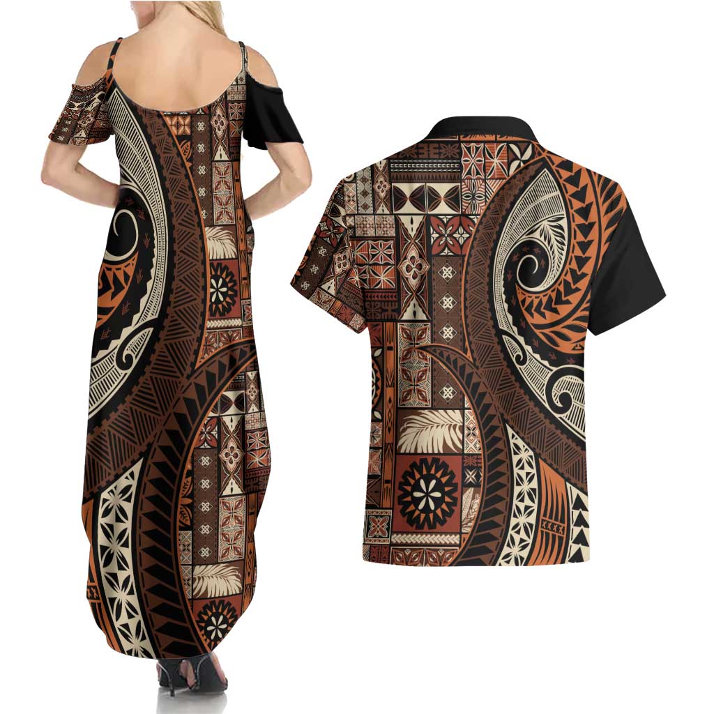 Vintage Samoa Siapo Mamanu Couples Matching Summer Maxi Dress and Hawaiian Shirt Brown Samoan Tapa Motif LT9 - Polynesian Pride