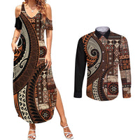 Vintage Samoa Siapo Mamanu Couples Matching Summer Maxi Dress and Long Sleeve Button Shirt Brown Samoan Tapa Motif LT9 Brown - Polynesian Pride