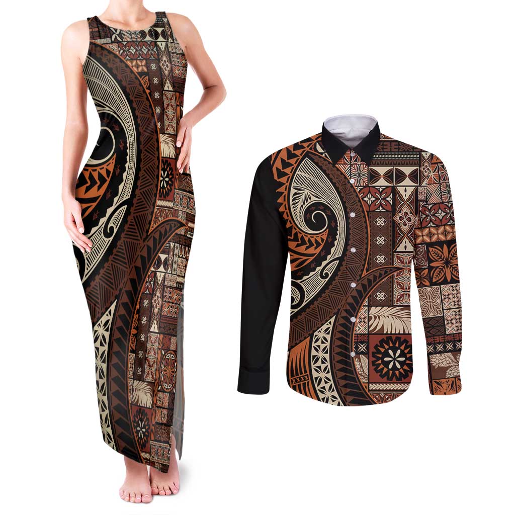 Vintage Samoa Siapo Mamanu Couples Matching Tank Maxi Dress and Long Sleeve Button Shirt Brown Samoan Tapa Motif LT9 Brown - Polynesian Pride