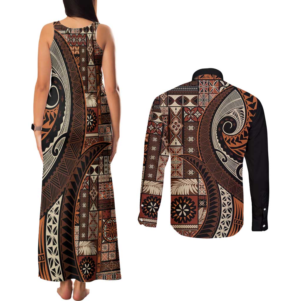 Vintage Samoa Siapo Mamanu Couples Matching Tank Maxi Dress and Long Sleeve Button Shirt Brown Samoan Tapa Motif LT9 - Polynesian Pride
