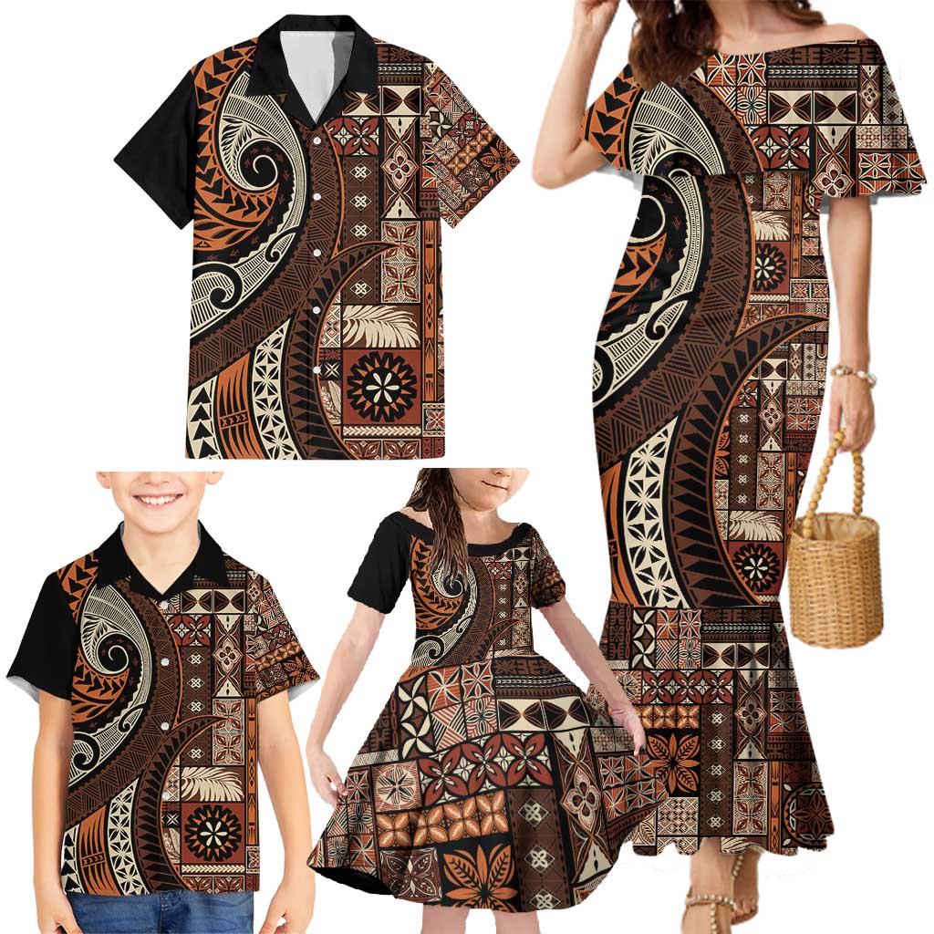 Vintage Samoa Siapo Mamanu Family Matching Mermaid Dress and Hawaiian Shirt Brown Samoan Tapa Motif LT9 - Polynesian Pride