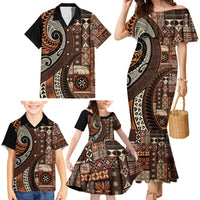 Vintage Samoa Siapo Mamanu Family Matching Mermaid Dress and Hawaiian Shirt Brown Samoan Tapa Motif LT9 - Polynesian Pride