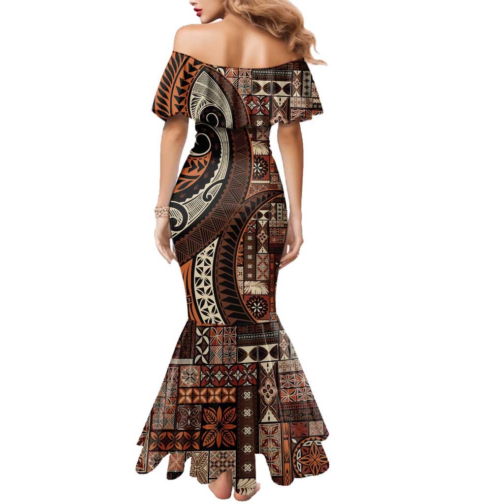 Vintage Samoa Siapo Mamanu Family Matching Mermaid Dress and Hawaiian Shirt Brown Samoan Tapa Motif LT9 - Polynesian Pride