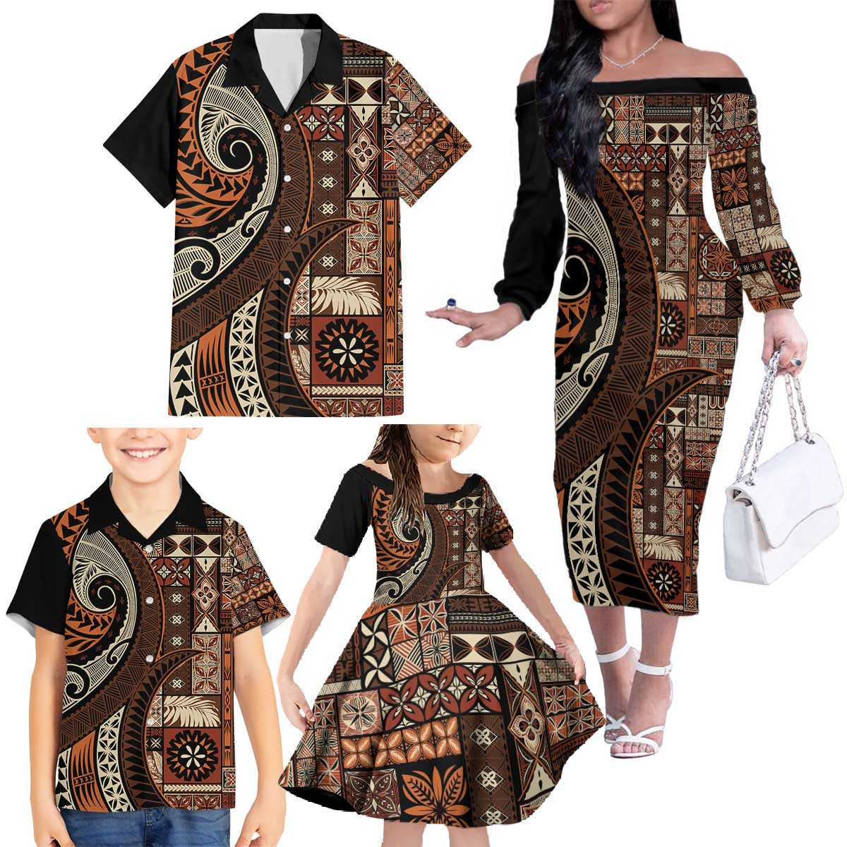 Vintage Samoa Siapo Mamanu Family Matching Off The Shoulder Long Sleeve Dress and Hawaiian Shirt Brown Samoan Tapa Motif LT9 - Polynesian Pride