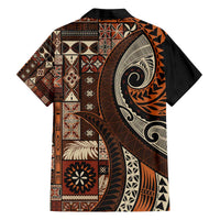 Vintage Samoa Siapo Mamanu Family Matching Off The Shoulder Long Sleeve Dress and Hawaiian Shirt Brown Samoan Tapa Motif LT9 - Polynesian Pride