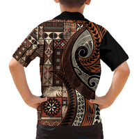 Vintage Samoa Siapo Mamanu Family Matching Off Shoulder Maxi Dress and Hawaiian Shirt Brown Samoan Tapa Motif LT9 - Polynesian Pride