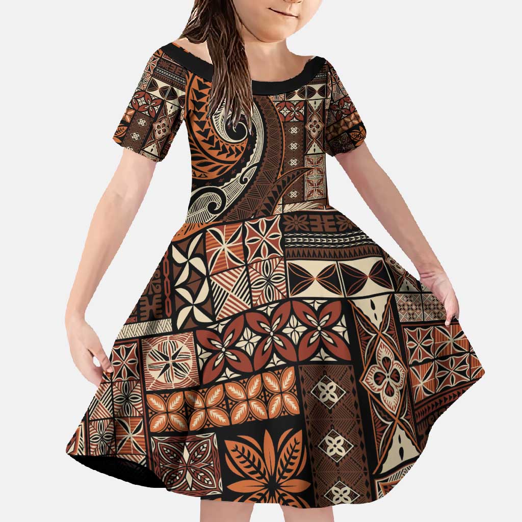 Vintage Samoa Siapo Mamanu Family Matching Off Shoulder Maxi Dress and Hawaiian Shirt Brown Samoan Tapa Motif LT9 Daughter's Dress Brown - Polynesian Pride