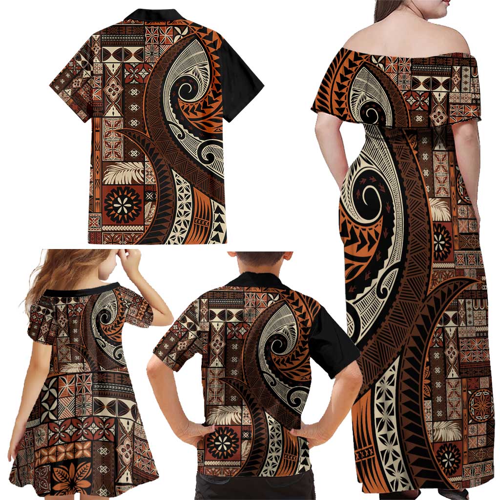 Vintage Samoa Siapo Mamanu Family Matching Off Shoulder Maxi Dress and Hawaiian Shirt Brown Samoan Tapa Motif LT9 - Polynesian Pride
