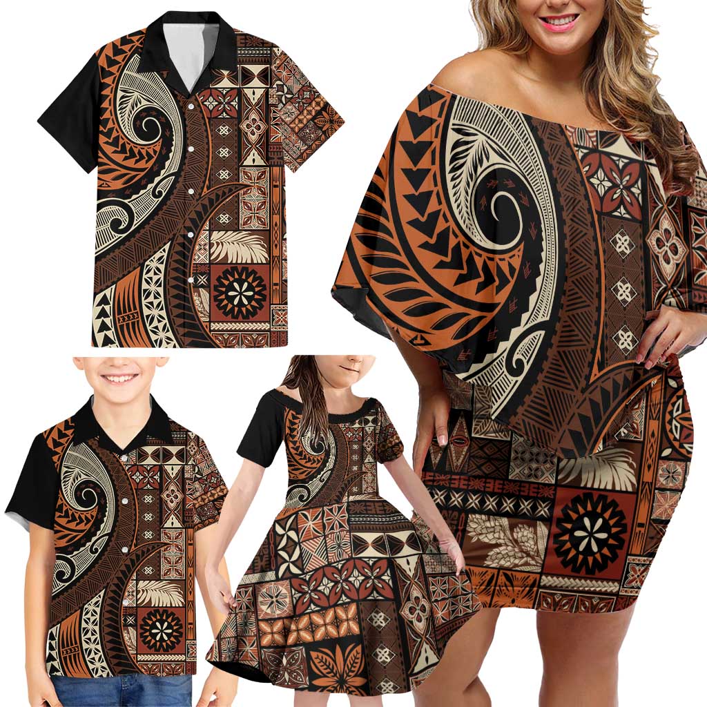 Vintage Samoa Siapo Mamanu Family Matching Off Shoulder Short Dress and Hawaiian Shirt Brown Samoan Tapa Motif LT9 - Polynesian Pride