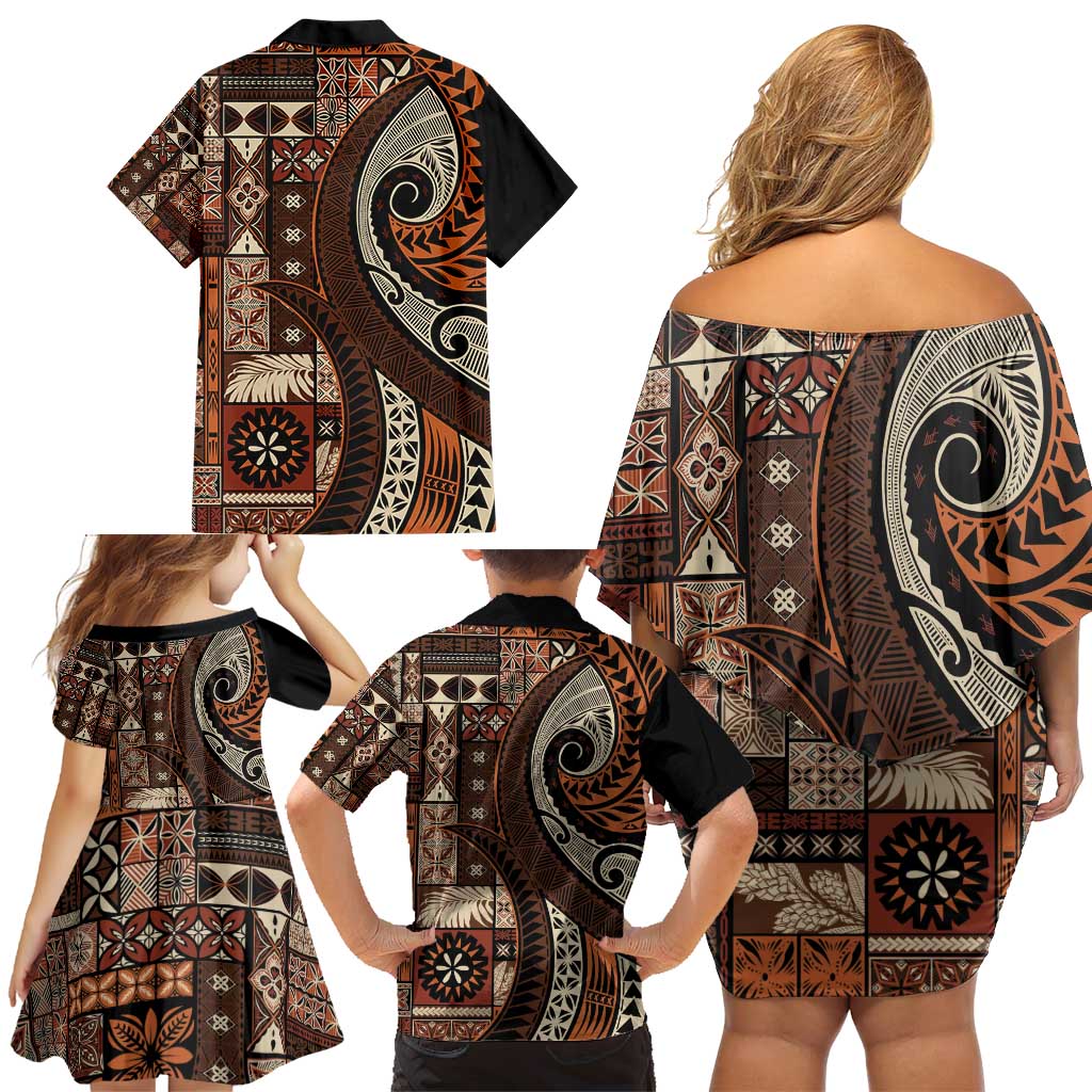 Vintage Samoa Siapo Mamanu Family Matching Off Shoulder Short Dress and Hawaiian Shirt Brown Samoan Tapa Motif LT9 - Polynesian Pride