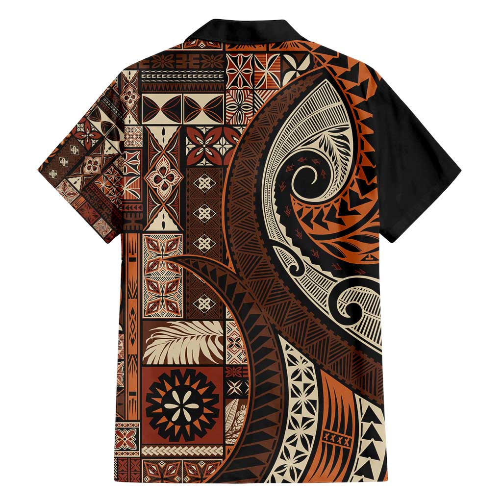 Vintage Samoa Siapo Mamanu Family Matching Off Shoulder Short Dress and Hawaiian Shirt Brown Samoan Tapa Motif LT9 - Polynesian Pride