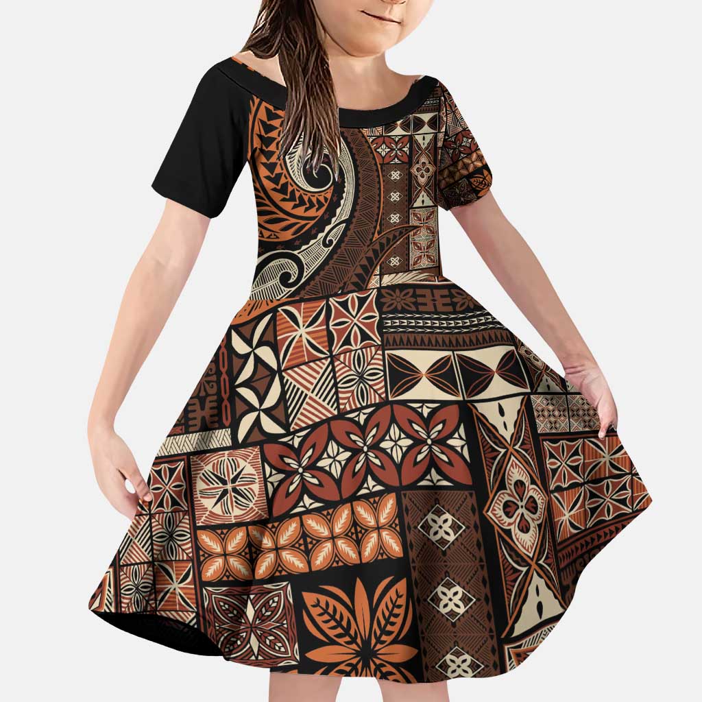 Vintage Samoa Siapo Mamanu Family Matching Puletasi and Hawaiian Shirt Brown Samoan Tapa Motif LT9 Daughter's Dress Brown - Polynesian Pride