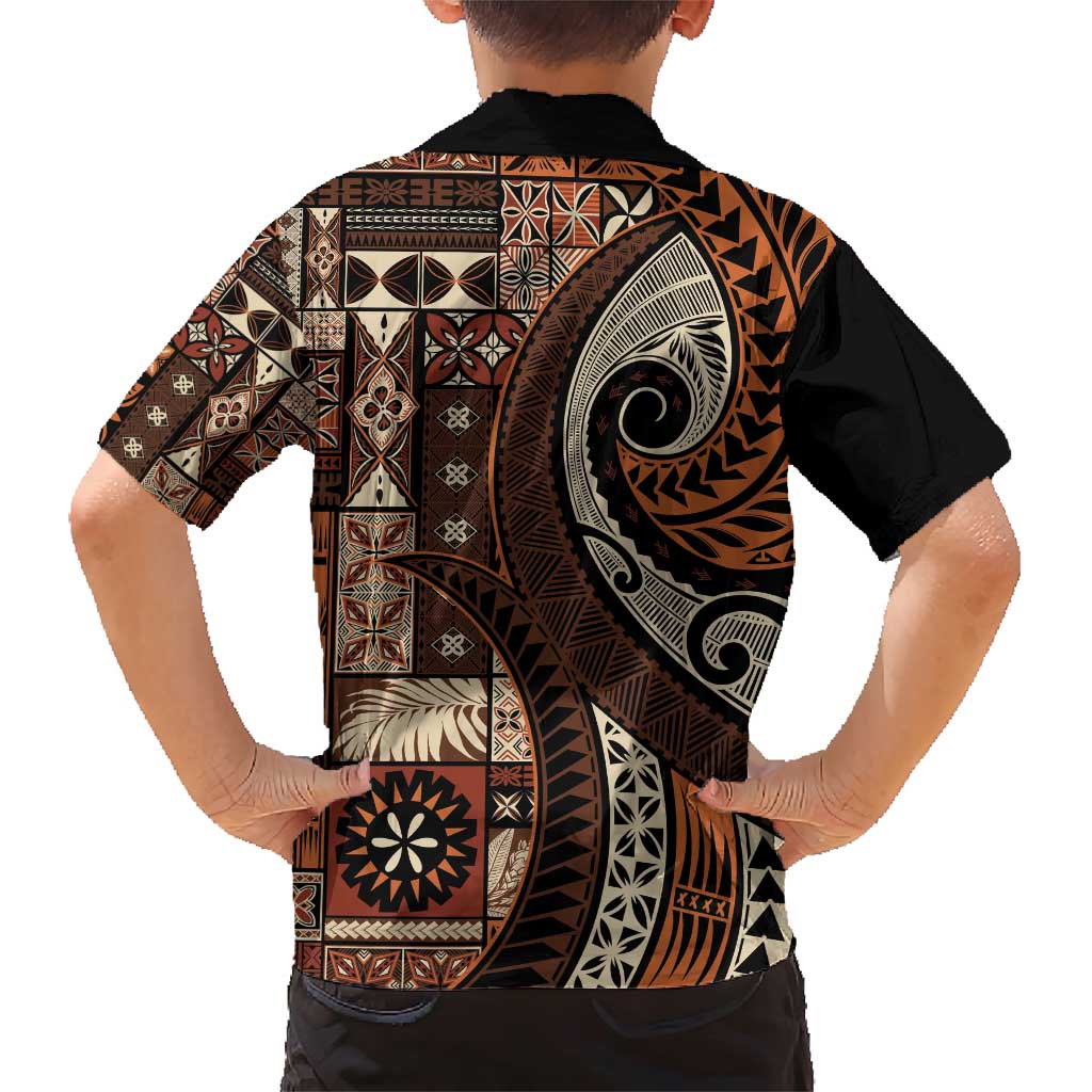 Vintage Samoa Siapo Mamanu Family Matching Short Sleeve Bodycon Dress and Hawaiian Shirt Brown Samoan Tapa Motif LT9 - Polynesian Pride