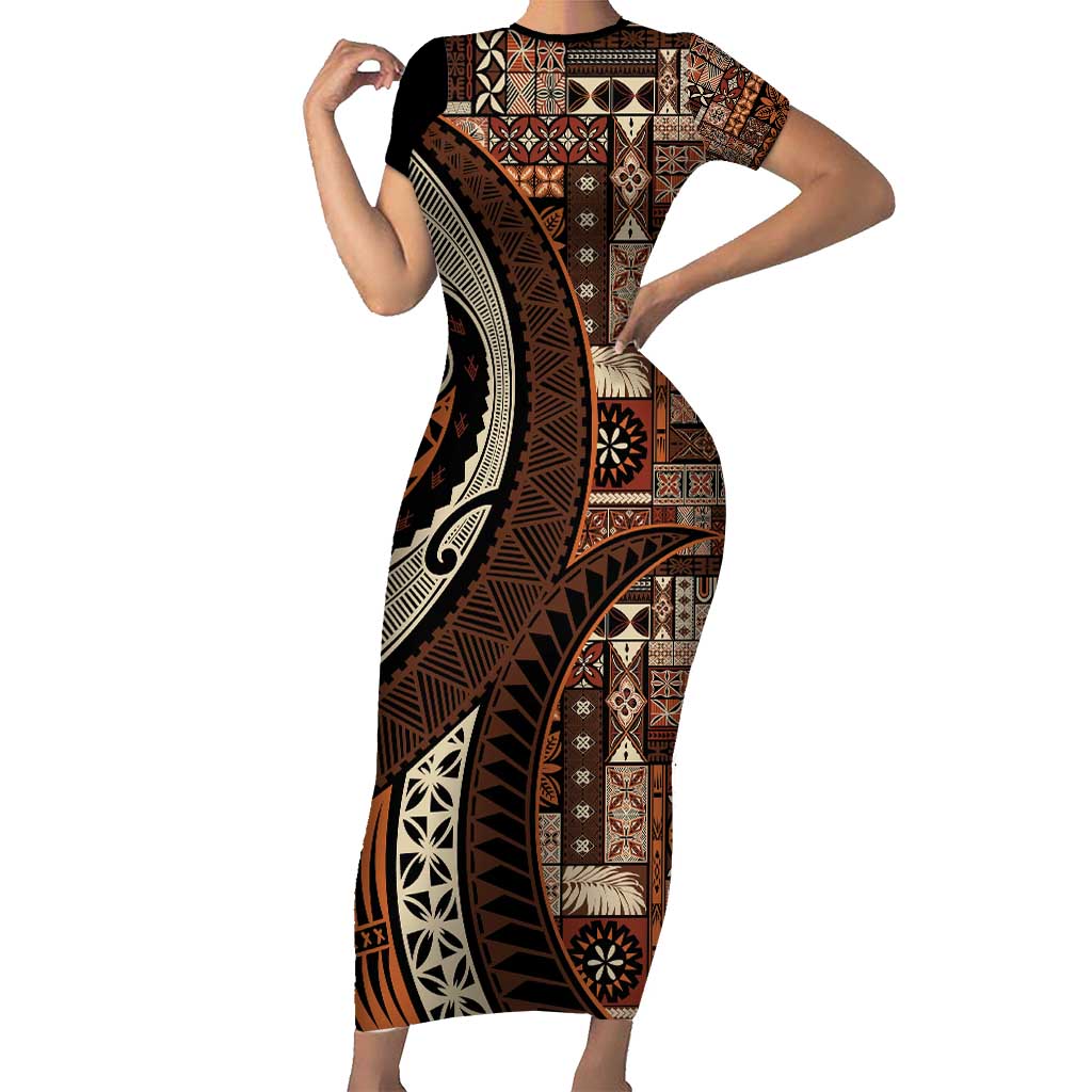 Vintage Samoa Siapo Mamanu Family Matching Short Sleeve Bodycon Dress and Hawaiian Shirt Brown Samoan Tapa Motif LT9 Mom's Dress Brown - Polynesian Pride