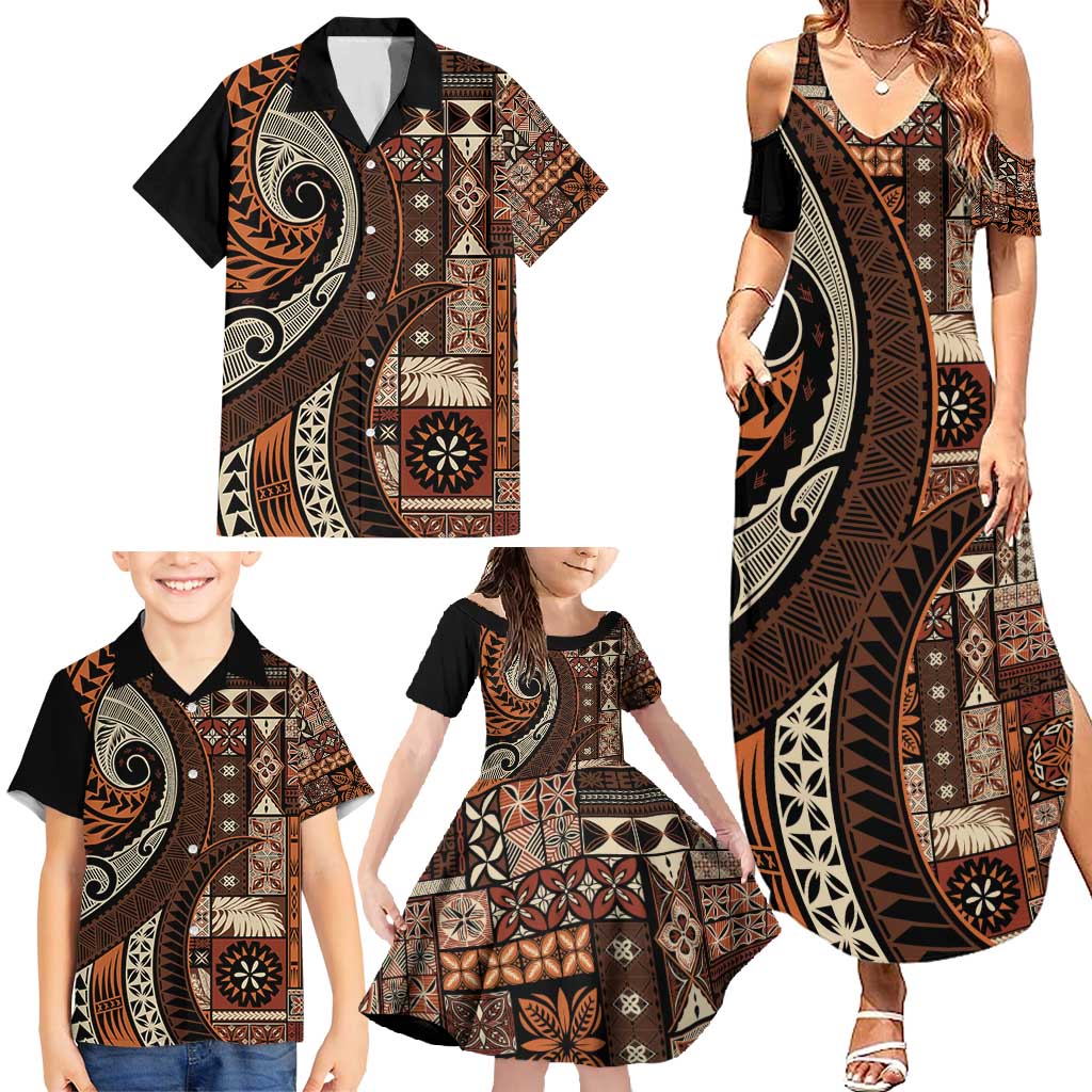 Vintage Samoa Siapo Mamanu Family Matching Summer Maxi Dress and Hawaiian Shirt Brown Samoan Tapa Motif LT9 - Polynesian Pride