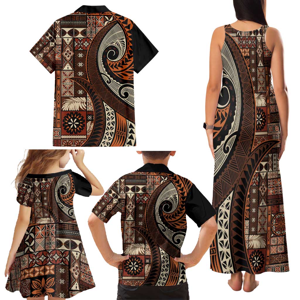 Vintage Samoa Siapo Mamanu Family Matching Tank Maxi Dress and Hawaiian Shirt Brown Samoan Tapa Motif LT9 - Polynesian Pride