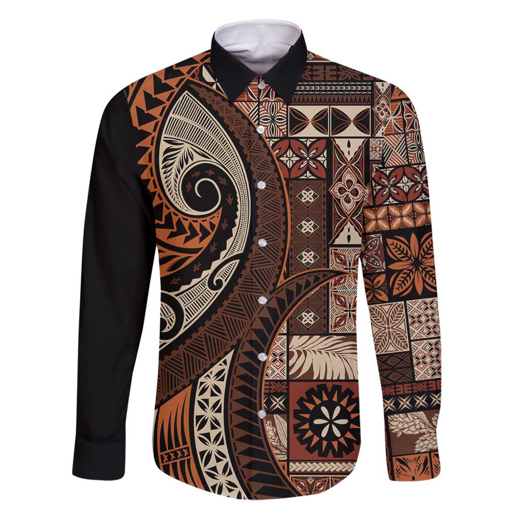Vintage Samoa Siapo Mamanu Family Matching Tank Maxi Dress and Hawaiian Shirt Brown Samoan Tapa Motif LT9 Dad's Shirt - Long Sleeve Brown - Polynesian Pride