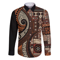 Vintage Samoa Siapo Mamanu Family Matching Tank Maxi Dress and Hawaiian Shirt Brown Samoan Tapa Motif LT9 Dad's Shirt - Long Sleeve Brown - Polynesian Pride