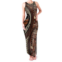 Vintage Samoa Siapo Mamanu Family Matching Tank Maxi Dress and Hawaiian Shirt Brown Samoan Tapa Motif LT9 Mom's Dress Brown - Polynesian Pride