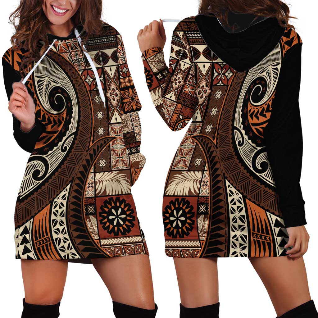 Vintage Samoa Siapo Mamanu Hoodie Dress Brown Samoan Tapa Motif LT9 - Polynesian Pride