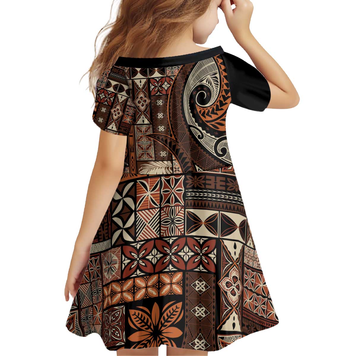 Vintage Samoa Siapo Mamanu Kid Short Sleeve Dress Brown Samoan Tapa Motif - Polynesian Pride